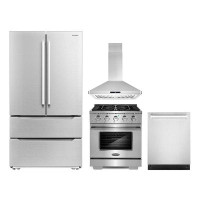 Cosmo 4 Piece Kitchen Set with 36" Gas Range 36" Island Range Hood 24" Dishwasher & Refrigerator
