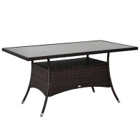 Outsunny Patio Rattan Dining Table with Tempered Glass Top, Storage Shelf