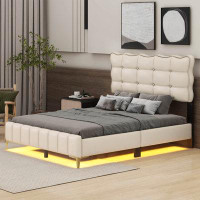 Red Barrel Studio Full Size Velvet Platform Bed With LED Frame And Stylish Mental Bed Legs