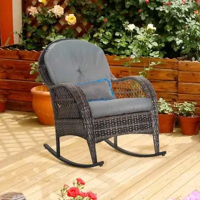 Outdoor PE Rattan Wicker Rocking Chair w Cushions for Garden Patio Deck Backyard - Grey & Brown