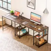 Latitude Run® TDC 86.6 Inch L Shape Desk With Shelf 2 Persons Long Table Black