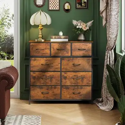 17 Stories Dresser For Bedroom With 9 Drawers, Tall Fabric Chest Of Drawers Storage Organizer With Steel Frame, Wood Top