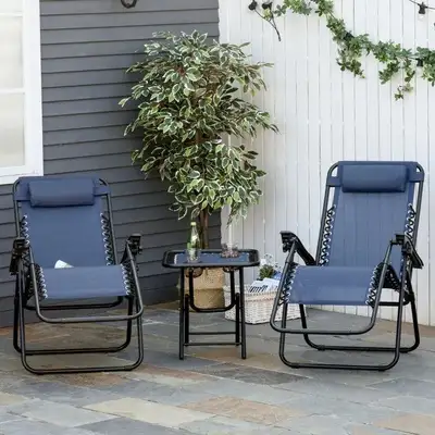 3pc Zero Gravity Folding Lounge Chair Reclining Patio Seats w/ Cup Holder Table, Headrest, Blue