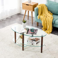 Wrought Studio Transparent Oval Glass Coffee Table, Modern Table In Living Room Oak Wood Leg Tea Table 3-Layer  Glass Ta