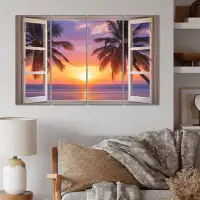 Highland Dunes Tropical Ocean Sunset Through Open White Window - Coastal Canvas Print - 4 Panels