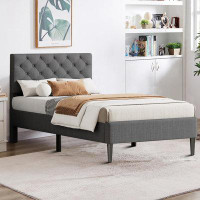Red Barrel Studio Platform Bed Comes With A Button-Tufted Upholstered Headboard And Sturdy Wood Frame For Bedroom, Twin