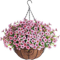 Primrue Artificial Fake Hanging Plants Flowers with Basket Outdoor Decor Faux Silk Daisy Flower