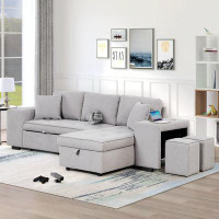 Latitude Run® Modern L-Shape 3 Seat Reversible Sectional Couch, Pull Out Sleeper Sofa With Storage Chaise And 2 Stools