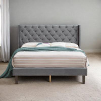 House of Hampton Velvet Button Tufted-Upholstered Bed With Wings Design - Strong Wood Slat Support- Easy Assembly - Quee