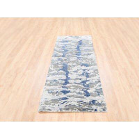 Isabelline 2'7"X8' Beige With Touches Of Blue Modern Wool And Silk Hand Knotted Rug 0BB205A2C7AC4035A75972E01369481D