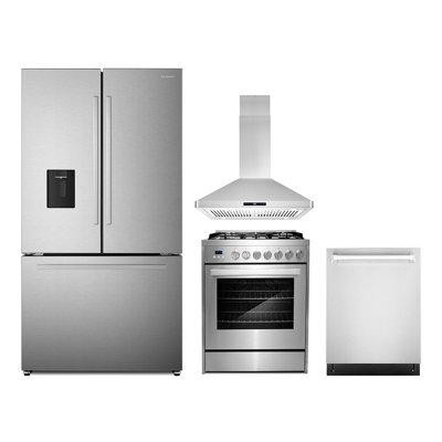 Cosmo 4 Piece Kitchen Package With 30" Freestanding Gas Range 30" Island Range Hood 24" Built-in Fully Integrated Dishwa in Refrigerators