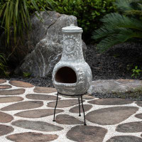 Bungalow Rose Outdoor Clay Chiminea Fireplace Sun Design Wood Burning Fire Pit With Sturdy Metal Stand, Barbecue, Cockta