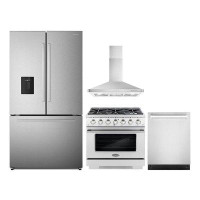 Cosmo 4 Piece Kitchen Package With 36" Freestanding Gas Range 36" Wall Mount Range Hood 24" Built-in Fully Integrated Di