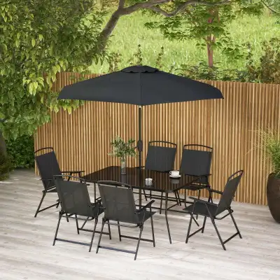 8pc Outdoor Patio Dining Set w 6 Folding Mesh Chairs, Black-Glass Table, Tilt Umbrella, Black