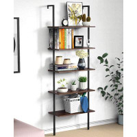 17 Stories Ladder Shelf Industrial Bookshelf, 5-Tier Ladder Bookshelf With Metal And Wood, Dark Walnut
