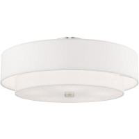 Latitude Run® Elegant Transitional 5-light Brushed Nickel Ceiling Mount Fixture With Hand Crafted Off-white Fabric Hardb