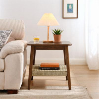 Corrigan Studio 23" Mid-Century Side Table With Woven Shelf, Boho Side Table With Storage, Bedside Tables, Small Side Ta