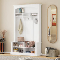 Red Barrel Studio Hall Tree: Bench, Shoe Storage, and Coat Rack Combo with Hanging Hooks, Open Storage and Shelves