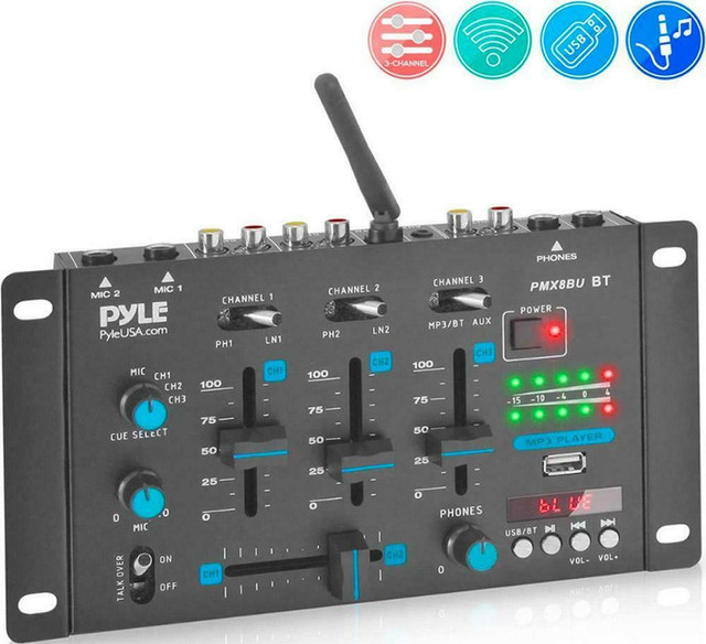 PYLE PMX88U 3 CHANNEL DJ SOUNDBOARD MIXER SYSTEM with Mic Talkover in Performance & DJ Equipment - Image 2