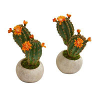 Primrue 9” Flowering Cactus Succulent Artificial Plant In Stone Planter (Set Of 2)