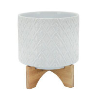 Birch Lane™ Ceramic Planter With Diamond Pattern And Wooden Stand, Small, White