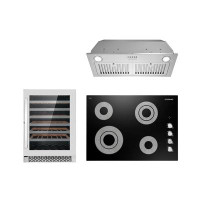 Cosmo 3 Piece Kitchen Package With 30" Electric Cooktop 30" Insert Range Hood & 48 Bottle Freestanding Wine Refrigerator