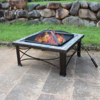 Red Barrel Studio 19.3'' H x 30'' W Outdoor Slate Fire Pit Table, Wood Burning Fire Pit with Mesh Lid