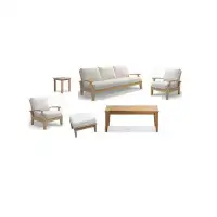 Teak Smith 6 Pc Sofa Set: Sofa, 2 Lounge Chairs, Ottoman, Coffee & Side Table + Sunbrella #57003 White Cushions-33" H x