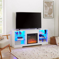 Latitude Run® TV Stand Electric Fireplace TV Stand With Glass Shelves, 3D Fireplace TV Stand With LED Lights Wood With U