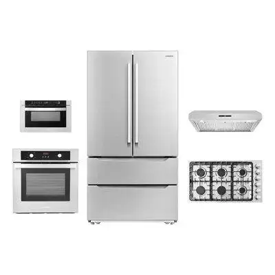 Cosmo 5 Piece Kitchen Package With 30" Gas Cooktop 24" Single Electric Wall Oven 24" Built-in Microwave Drawer & Energy