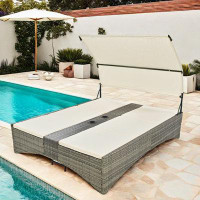 Latitude Run® Rattan Patio Daybed With Shelter Roof, Adjustable Backrest, Storage Box And 2 Cup Holders
