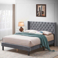 Rosdorf Park Queen Size Velvet Button Tufted-Upholstered Bed Frame With Wings Design