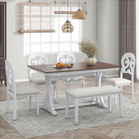 Alcott Hill Trestle Table Set with Victorian Round Upholstered Dining Chairs and Bench