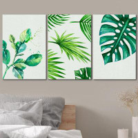 IDEA4WALL Set Tropical Monstera Palm Leaf Variety Floral Plants Colourful On Canvas 3 Pieces Print