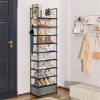 Rebrilliant Sturdy Metal Narrow Shoe Rack Organizer For Closets,Shoe Stand,Shoe Shelf (10 Tier With 2 Boxes And 1 Hook)