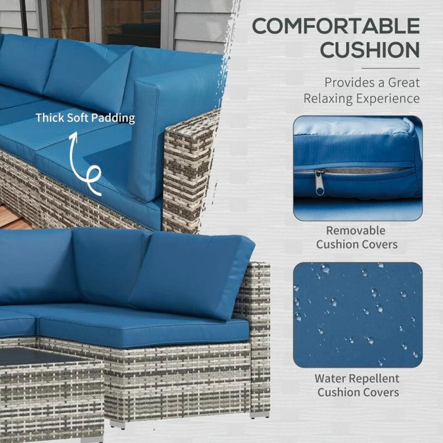 7pc PE Rattan Wicker Sectional Conversation Furniture Set w Cushions Outdoor Patio - Blue & Grey in Patio & Garden Furniture in Manitoba - Image 4