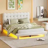 Mercer41 Velvet Platform Bed With LED Frame, Thick & Soft Fabric And Button-Tufted Design Headboard, Beige