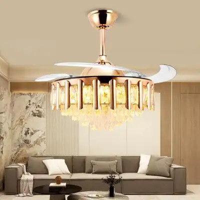 Urbanest Urbanest 47" Crystal  Ceiling Fan With Light And 4 Retractable Invisible Blades, Modern Chandelier Fan 6 Speeds