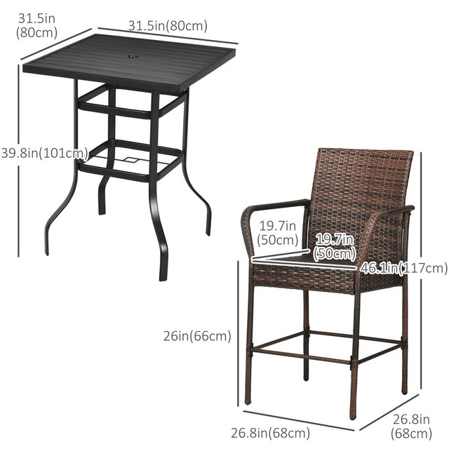 Rattan Bar table and Chair Set 31.5" x 31.5" x 39.8" Mixed-brown in Patio & Garden Furniture - Image 3