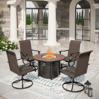 Lark Manor 5 Pieces Outdoor Dining Table Set 4 People Fire Pit Wood-like Pattern Tabletop Round Table And Swivel Rattan