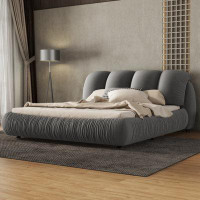 Wenty Luxury Upholstered Bed With Thick Headboard, Velvet Queen Bed With Oversized Padded Backrest, Beige(Expect Arrival