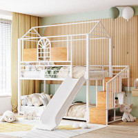 Harper Orchard Twin Over Twin Metal Bunk Bed, Metal Housebed With Slide And Storage Stair, White With White Slide