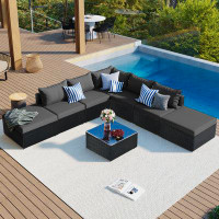 Latitude Run® 8-Pieces Outdoor Patio Furniture Sets with Wicker and Glass tabletop