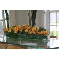 CFA Design Group 36" Casa Moderna Glass Plate Planter With Yellow Cymbidium Orchids And Monstera Leaves