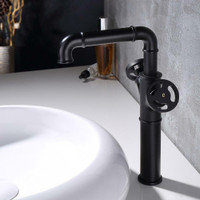 Industrial Pipe Bathroom Vessel Faucet Matte Black 1-Hole 2-Handle (Solid Brass) ( Also  1&2 Handle sink, Floor mounted)
