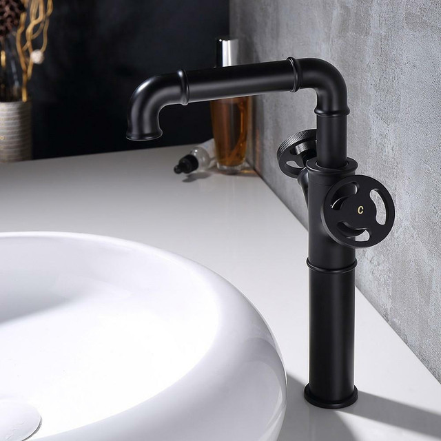 Industrial Pipe Bathroom Vessel Faucet Matte Black 1-Hole 2-Handle (Solid Brass) ( Also  1&2 Handle sink, Floor mounted) in Plumbing, Sinks, Toilets & Showers