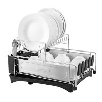 happimess Compact 18.25" 2-Tier Fingerprint-Proof Stainless Steel Dish Drying Rack With Swivel Spout Tray, Stainless Ste