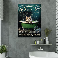 Trinx Red Kitty And Bath Soap - Wash Your Paws Gallery Wrapped Canvas - Bath And Laundry Pet Illustration Decor, Orange