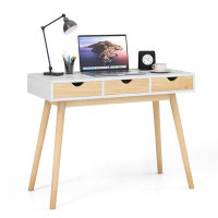 George Oliver George Oliver Computer Desk With Storage 40” Wood Modern Writing Desk With 3 Drawers Rubber Wood Legs Comp