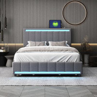 Wrought Studio Upholstered Bed With LED Light And 4 Drawers, Modern Platform Bed With A Set Of Sockets And USB Ports, Li